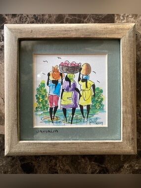 Colorful Jamaican Women Baskets Scene-Painting -Framed & signed P Henry, 5" x 5"